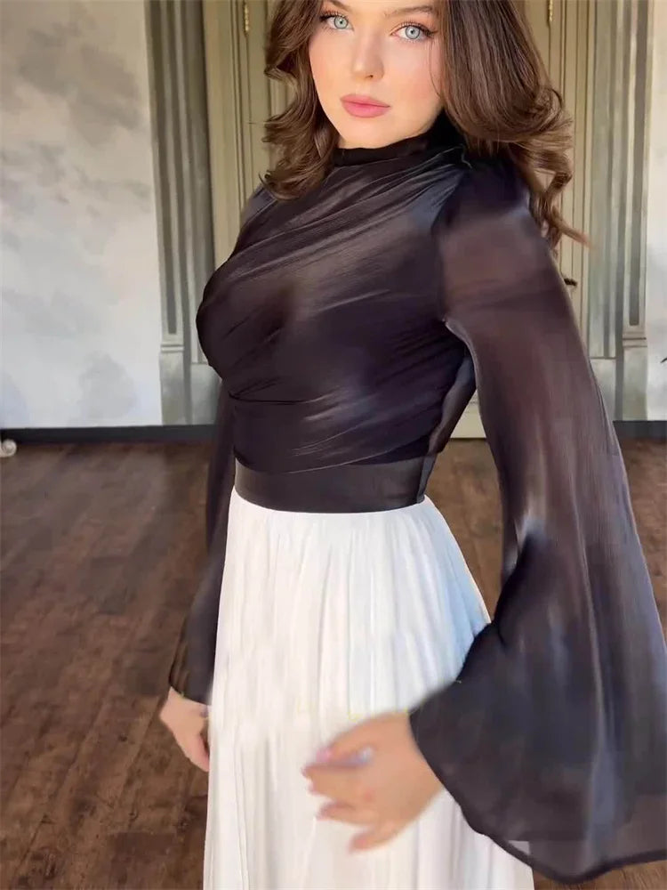 Elegante vestido plisado para mujer, de malla con retazos, vendaje, escalonado, ajustado, de calle, transparente, en contraste, nuevo vestido largo de otoño