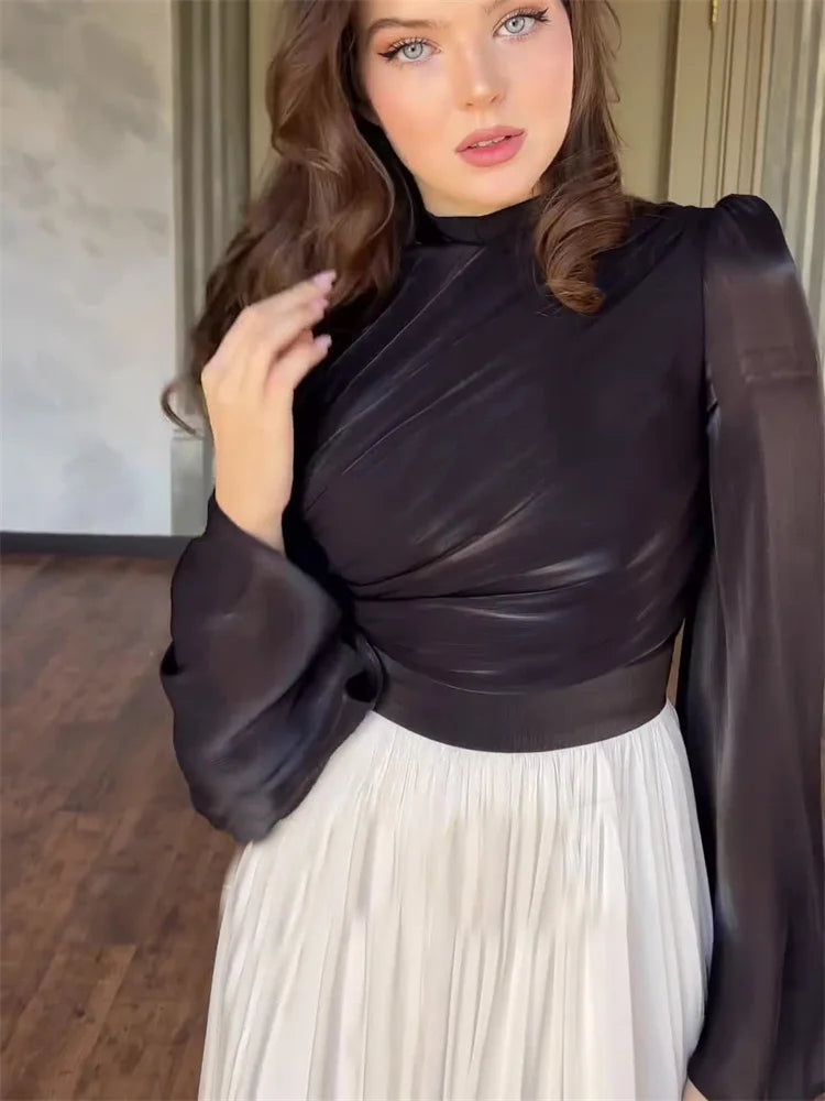 Elegante vestido plisado para mujer, de malla con retazos, vendaje, escalonado, ajustado, de calle, transparente, en contraste, nuevo vestido largo de otoño