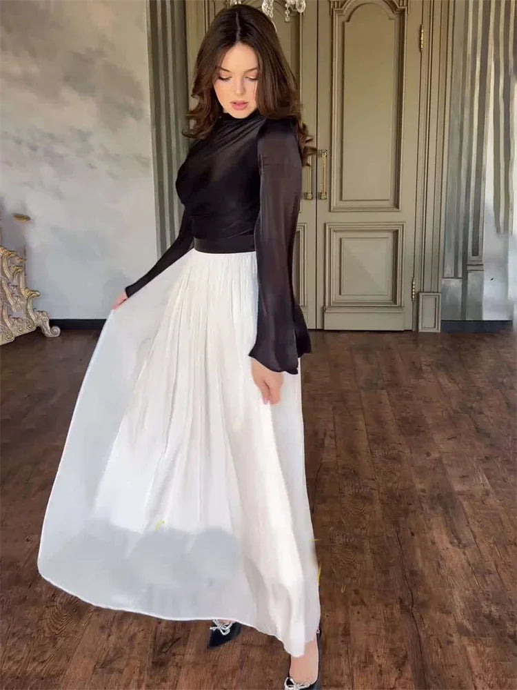 Elegante vestido plisado para mujer, de malla con retazos, vendaje, escalonado, ajustado, de calle, transparente, en contraste, nuevo vestido largo de otoño