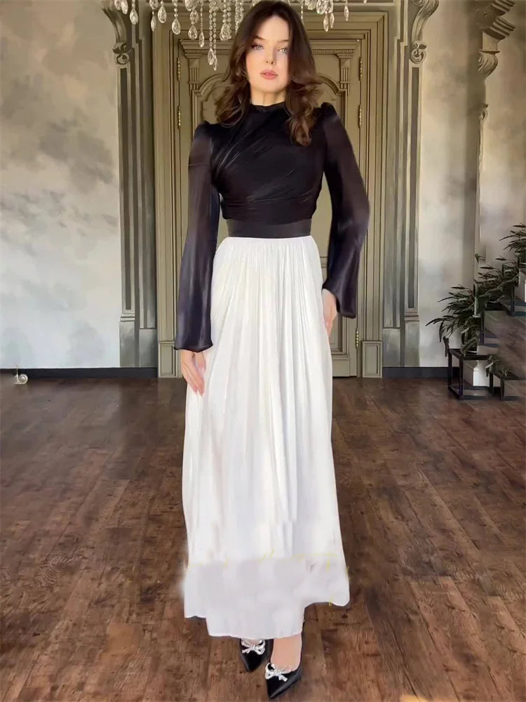Elegante vestido plisado para mujer, de malla con retazos, vendaje, escalonado, ajustado, de calle, transparente, en contraste, nuevo vestido largo de otoño