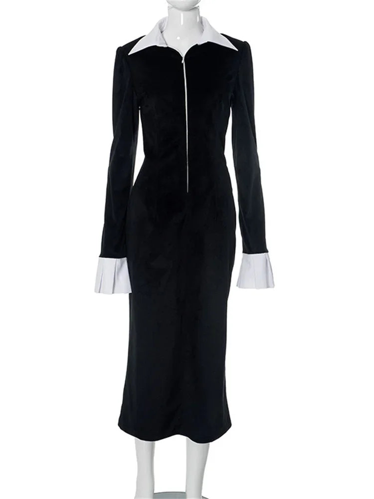 Elegante vestido largo con solapa y cremallera para mujer, con volantes en contraste, ajustado, a la moda, para ir al trabajo, de cintura alta, para otoño