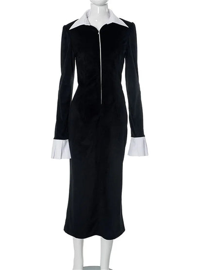 Elegante vestido largo con solapa y cremallera para mujer, con volantes en contraste, ajustado, a la moda, para ir al trabajo, de cintura alta, para otoño