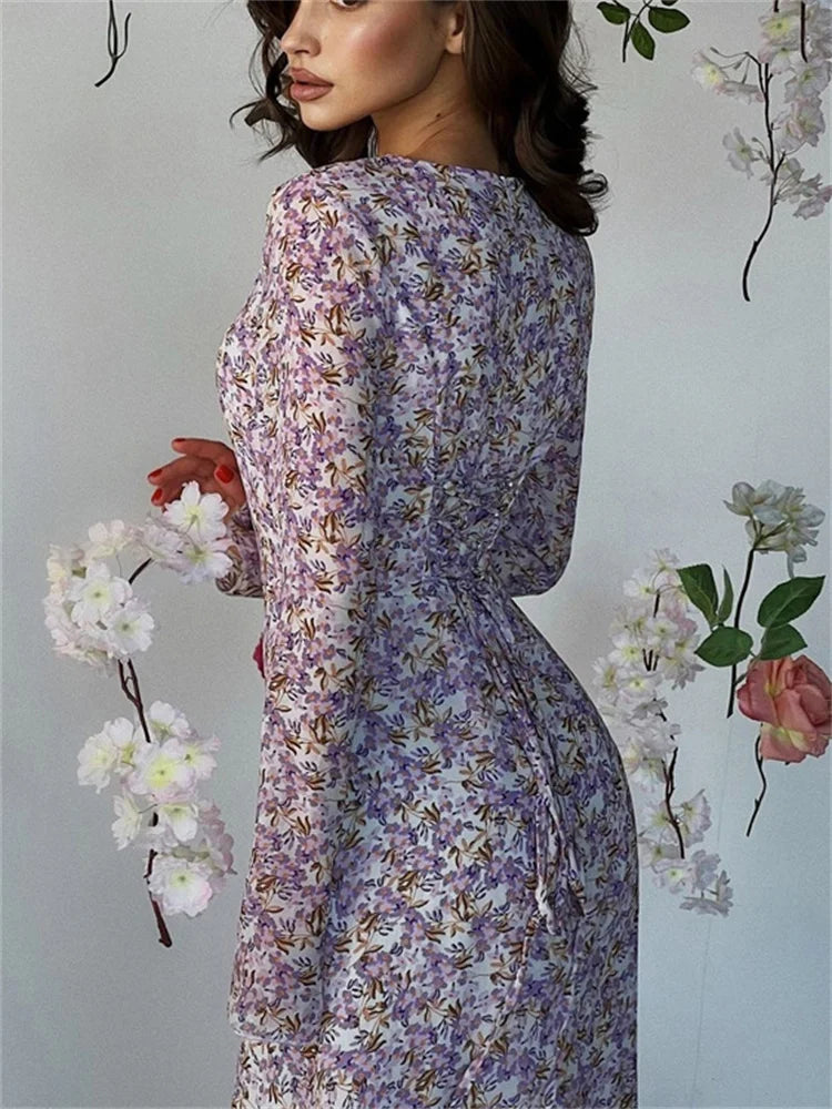 Elegante vestido largo estampado de moda para mujer, con cordones, manga larga, vestido de fiesta, cintura alta, vendaje, vestido ajustado para mujer, nuevo
