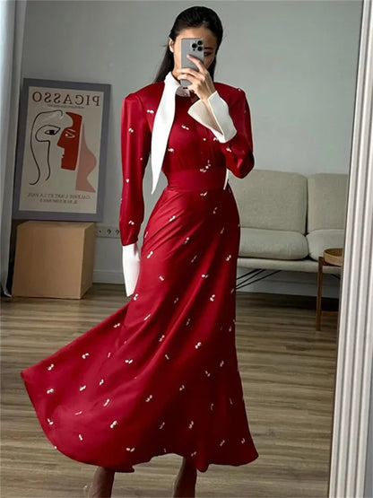 Elegant Satin Printed Long Dress Women’s High Waist Patchwork Commute Slim Autumn  Contrast Dress Female Maxi Dress