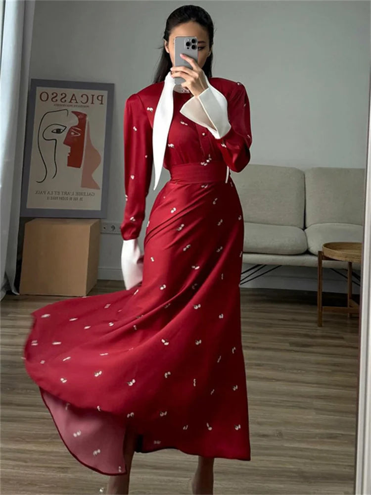 Elegant Satin Printed Long Dress Women’s High Waist Patchwork Commute Slim Autumn  Contrast Dress Female Maxi Dress