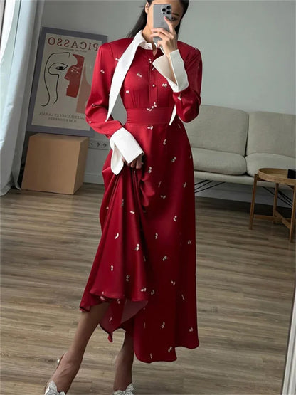 Elegant Satin Printed Long Dress Women’s High Waist Patchwork Commute Slim Autumn  Contrast Dress Female Maxi Dress