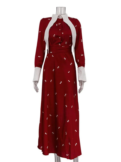 Elegant Satin Printed Long Dress Women’s High Waist Patchwork Commute Slim Autumn  Contrast Dress Female Maxi Dress