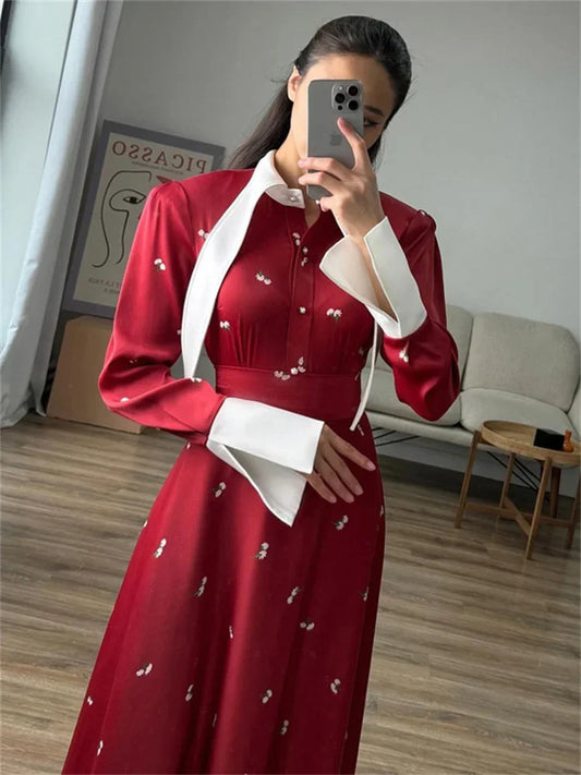 Elegant Satin Printed Long Dress Women’s High Waist Patchwork Commute Slim Autumn  Contrast Dress Female Maxi Dress