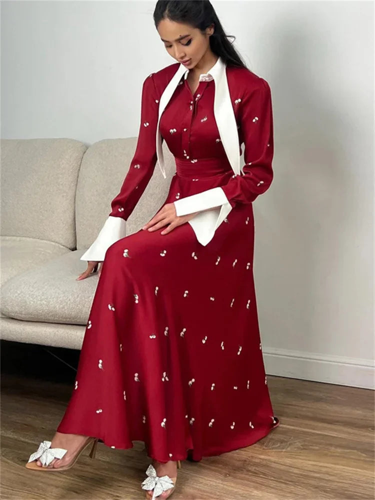 Elegant Satin Printed Long Dress Women’s High Waist Patchwork Commute Slim Autumn  Contrast Dress Female Maxi Dress
