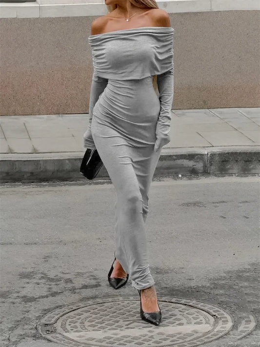 Fashion Autumn Knit Long Dress Women’s Off-Shoulder Patchwork Ribbed High Waist Slim Ladies Dress Knitwear Elegant Dress