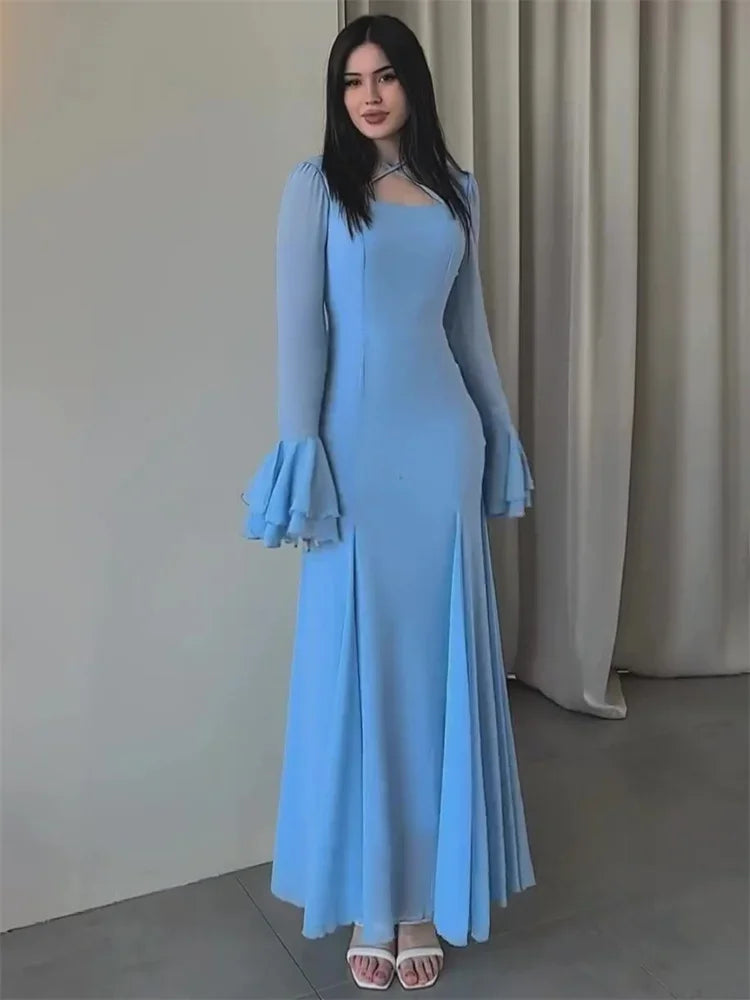 Vestido largo de otoño con volantes para mujer, elegante, ajustado, de cintura alta, con retazos, de gasa, para fiesta