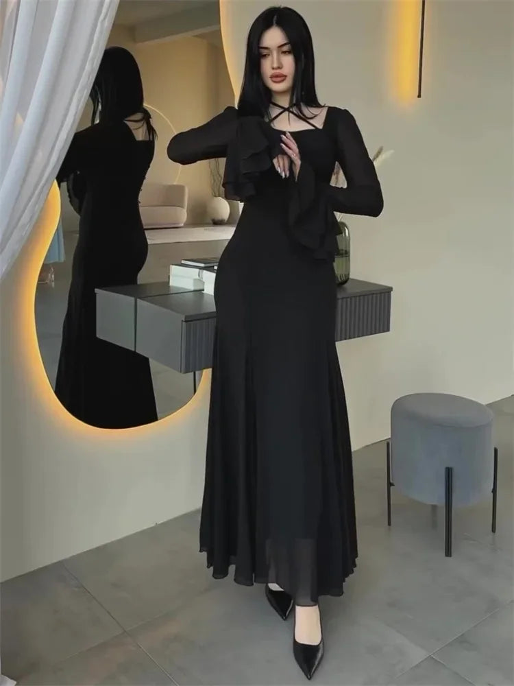 Vestido largo de otoño con volantes para mujer, elegante, ajustado, de cintura alta, con retazos, de gasa, para fiesta