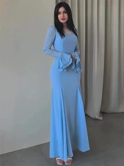 Vestido largo de otoño con volantes para mujer, elegante, ajustado, de cintura alta, con retazos, de gasa, para fiesta