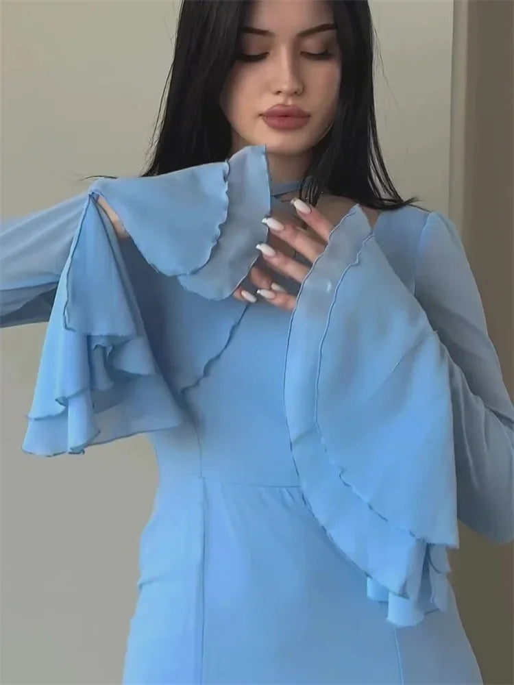 Vestido largo de otoño con volantes para mujer, elegante, ajustado, de cintura alta, con retazos, de gasa, para fiesta