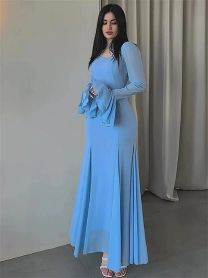 Vestido largo de otoño con volantes para mujer, elegante, ajustado, de cintura alta, con retazos, de gasa, para fiesta
