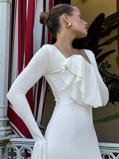 Vestido largo de otoño con volantes para mujer, elegante vestido de fiesta de retazos con cintura alta y manga larga para desplazamientos diarios, ropa femenina