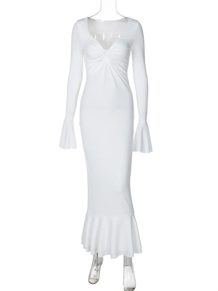 Vestido largo de otoño con volantes para mujer, elegante vestido de fiesta de retazos con cintura alta y manga larga para desplazamientos diarios, ropa femenina