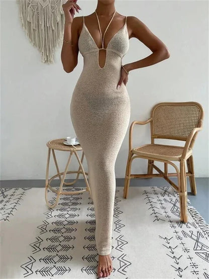 Fashion Bandage Backless Halter Dress – Lace-Up V-Neck Elegant Patchwork Long Dress for Women – See-Through Party Dress 2025