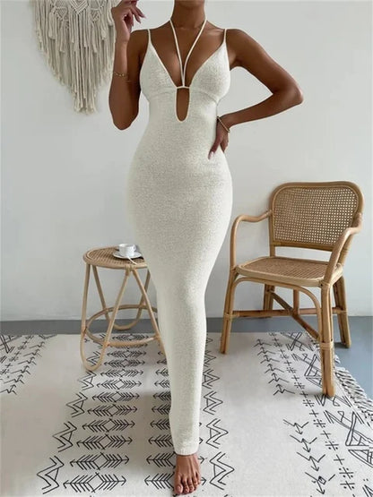 Fashion Bandage Backless Halter Dress – Lace-Up V-Neck Elegant Patchwork Long Dress for Women – See-Through Party Dress 2025