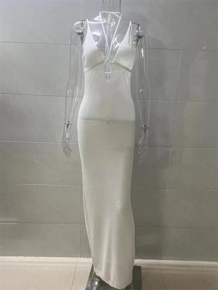 Fashion Bandage Backless Halter Dress – Lace-Up V-Neck Elegant Patchwork Long Dress for Women – See-Through Party Dress 2025