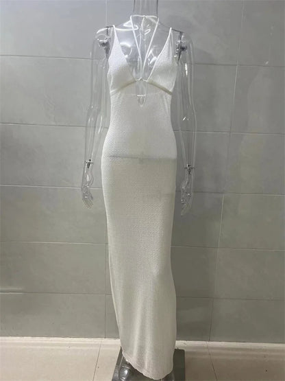 Fashion Bandage Backless Halter Dress – Lace-Up V-Neck Elegant Patchwork Long Dress for Women – See-Through Party Dress 2025