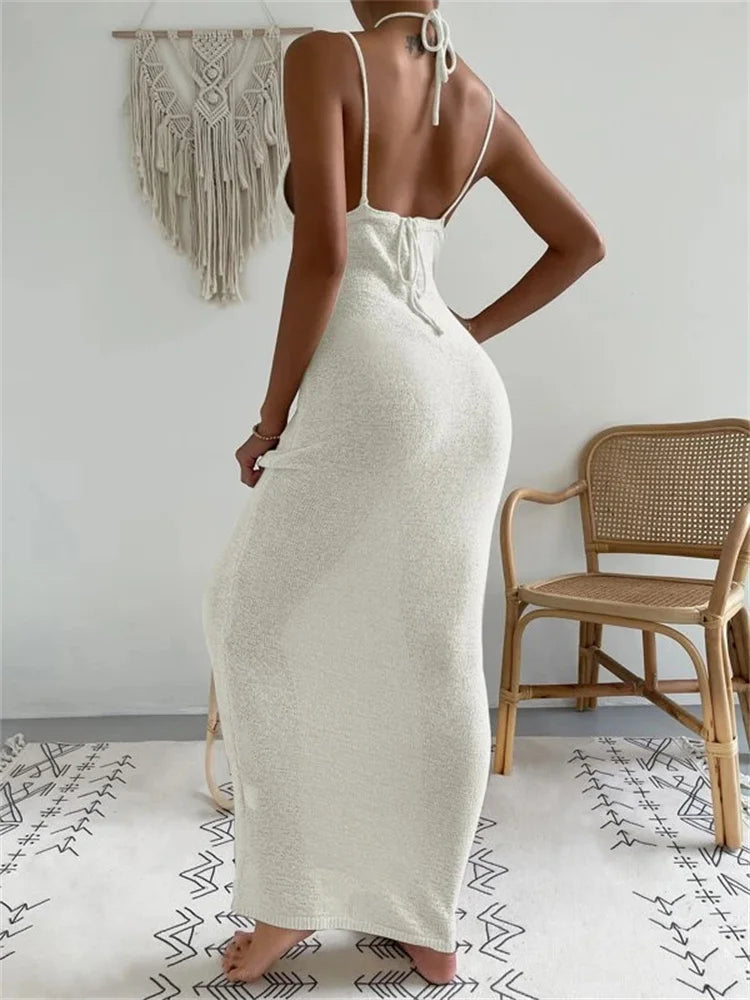 Fashion Bandage Backless Halter Dress – Lace-Up V-Neck Elegant Patchwork Long Dress for Women – See-Through Party Dress 2025