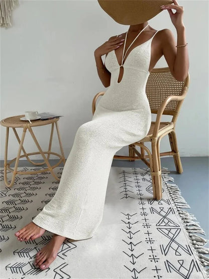 Fashion Bandage Backless Halter Dress – Lace-Up V-Neck Elegant Patchwork Long Dress for Women – See-Through Party Dress 2025