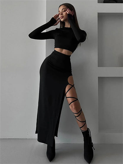 Fashion Bandage Hollow Out 2 Piece-Set Women Sexy Crop top And Long Skirt Sets High Split Black Patchwork Female Outfits