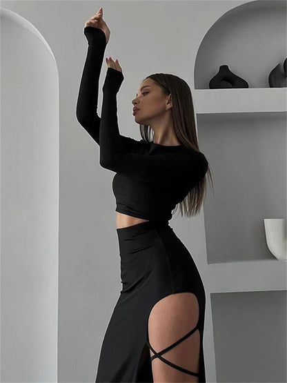 Fashion Bandage Hollow Out 2 Piece-Set Women Sexy Crop top And Long Skirt Sets High Split Black Patchwork Female Outfits