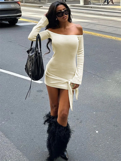 Fashion Bandage Off-Shoulder MIni Dress For Women Patchwork Lace-Up Backless Elegant Clothes Ladies  Bodycon Dress
