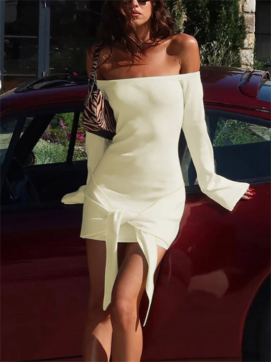 Vestido minivestido de moda con hombros descubiertos y diseño de patchwork, con cordones y espalda descubierta, elegante, ajustado para mujer.