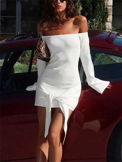 Fashion Bandage Off-Shoulder MIni Dress For Women Patchwork Lace-Up Backless Elegant Clothes Ladies  Bodycon Dress
