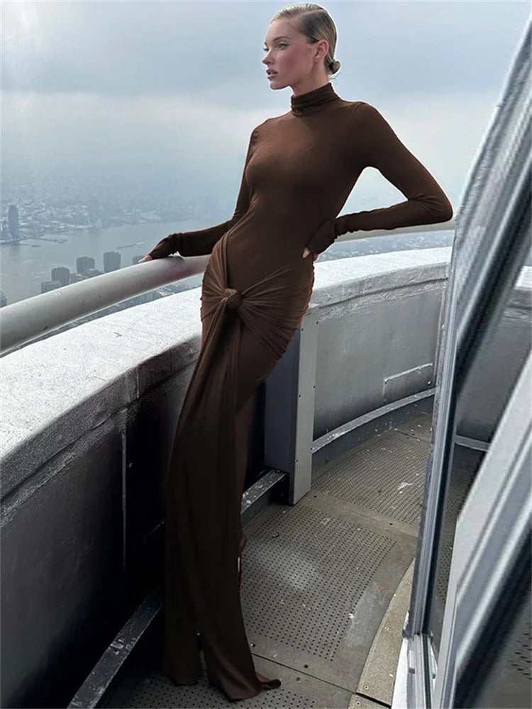 Vestido largo de primavera con estampado de vendaje para mujer, ajustado, plisado, con cordones, para fiesta, liso, 2025