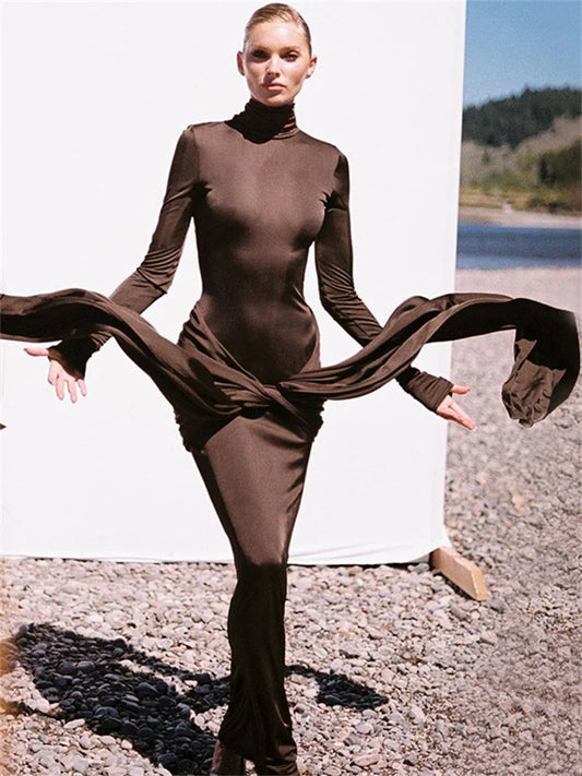 Fashion Bandage Spring Maxi Dress Women Slim Pleated Lace-Up Party Dress Solid Long Dress 2025