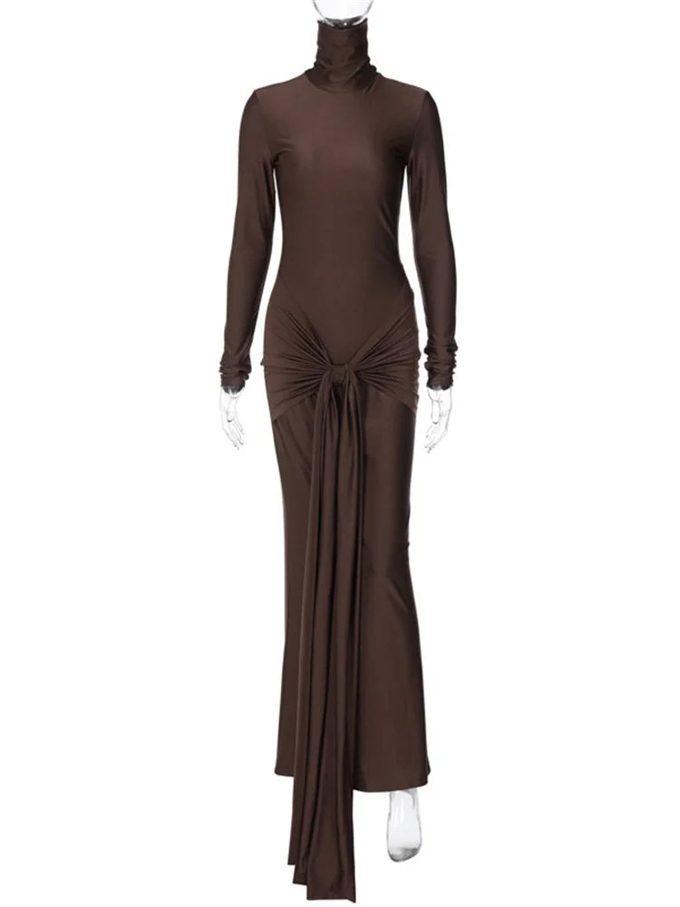Vestido largo de primavera con estampado de vendaje para mujer, ajustado, plisado, con cordones, para fiesta, liso, 2025