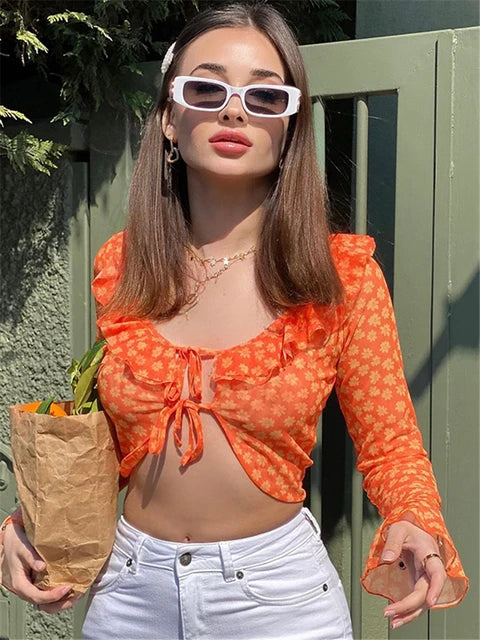Fashion Boho Ruffle Blouse See-Through Lace V-Neck Tops For Women Long Sleeve Summer Shirt Party Beach Cropped Top 2025