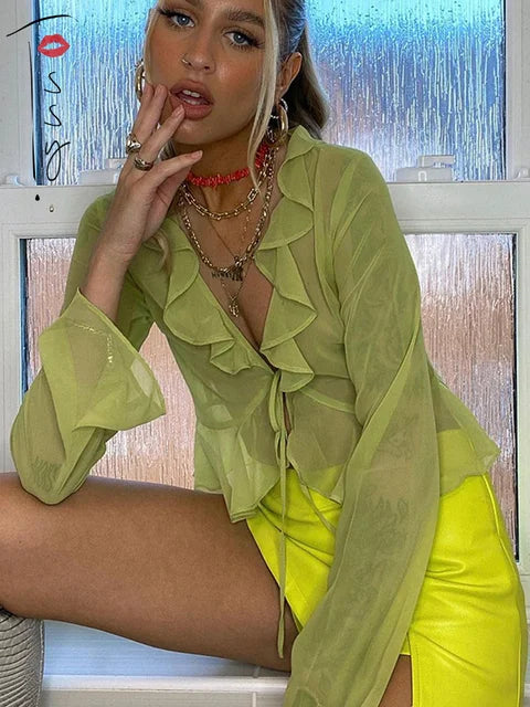Fashion Boho Ruffle Blouse See-Through Lace V-Neck Tops For Women Long Sleeve Summer Shirt Party Beach Cropped Top 2025