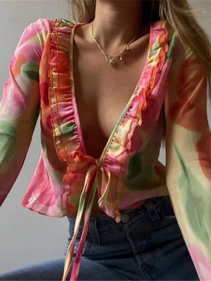 Fashion Boho Ruffle Blouse See-Through Lace V-Neck Tops For Women Long Sleeve Summer Shirt Party Beach Cropped Top 2025