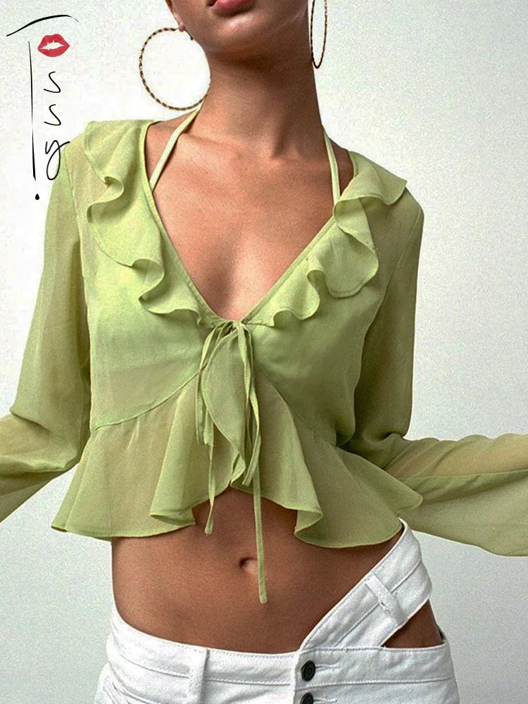 Fashion Boho Ruffle Blouse See-Through Lace V-Neck Tops For Women Long Sleeve Summer Shirt Party Beach Cropped Top 2025
