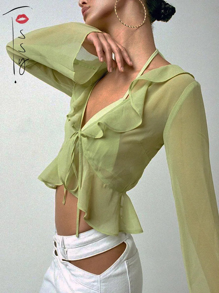 Fashion Boho Ruffle Blouse See-Through Lace V-Neck Tops For Women Long Sleeve Summer Shirt Party Beach Cropped Top 2025