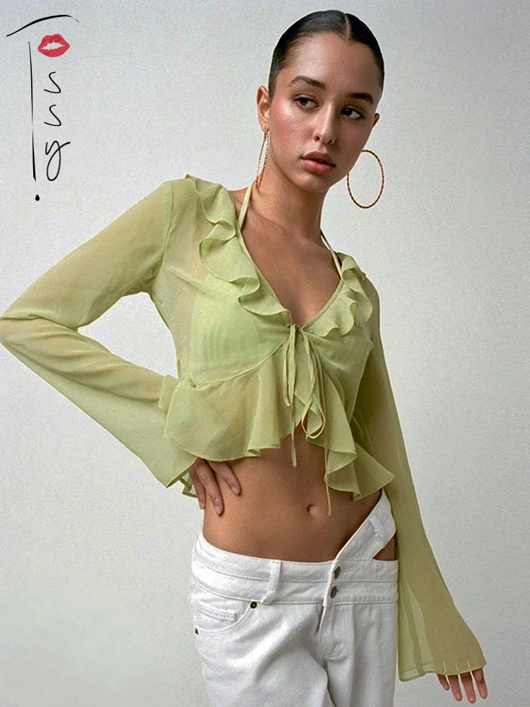 Fashion Boho Ruffle Blouse See-Through Lace V-Neck Tops For Women Long Sleeve Summer Shirt Party Beach Cropped Top 2025