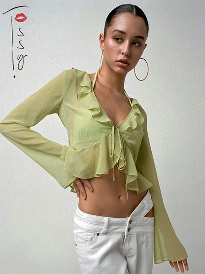 Fashion Boho Ruffle Blouse See-Through Lace V-Neck Tops For Women Long Sleeve Summer Shirt Party Beach Cropped Top 2025