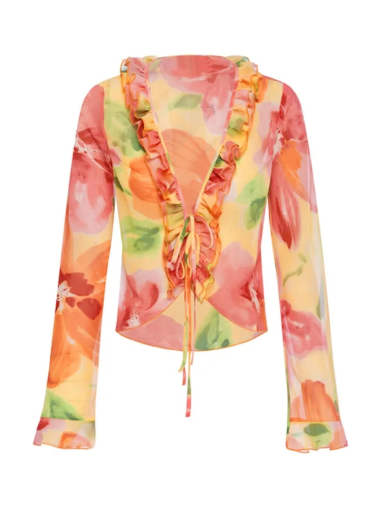 Fashion Boho Ruffle Blouse See-Through Lace V-Neck Tops For Women Long Sleeve Summer Shirt Party Beach Cropped Top 2025