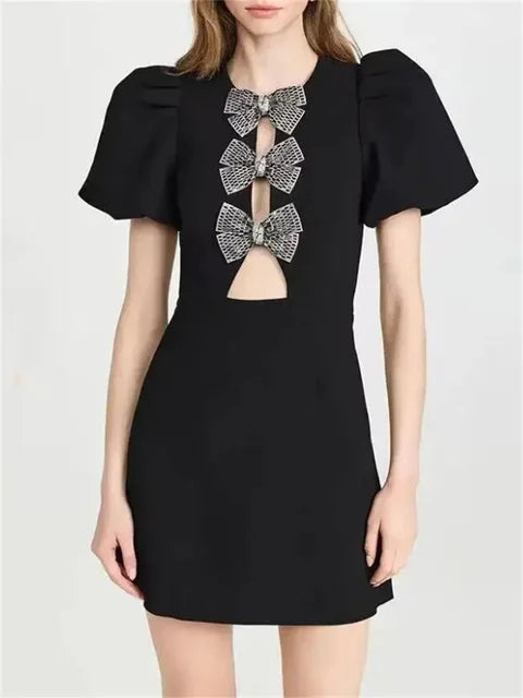 Vestido mini con lazo de moda para mujer, vestido de fiesta elegante de manga corta con retazos calados y diseño de lazo, vestido de calle para mujer