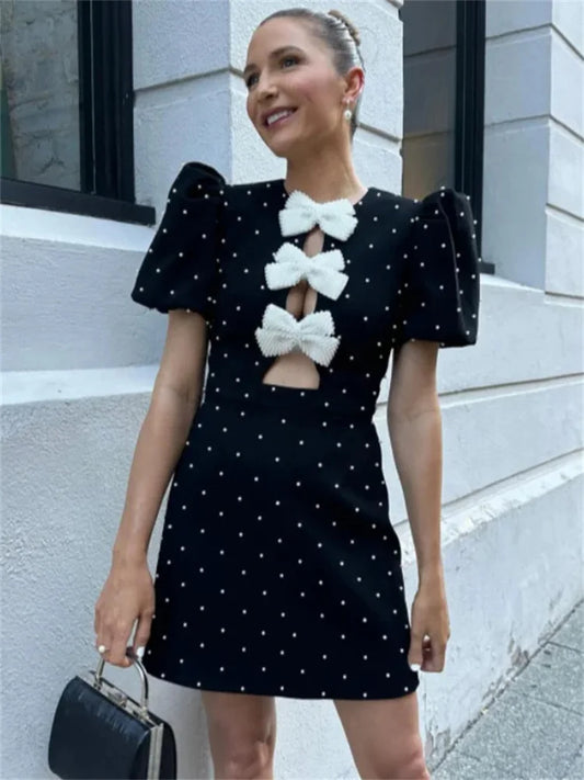 Vestido mini con lazo de moda para mujer, vestido de fiesta elegante de manga corta con retazos calados y diseño de lazo, vestido de calle para mujer