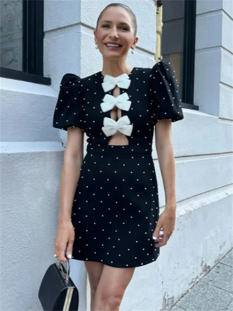 Vestido mini con lazo de moda para mujer, vestido de fiesta elegante de manga corta con retazos calados y diseño de lazo, vestido de calle para mujer