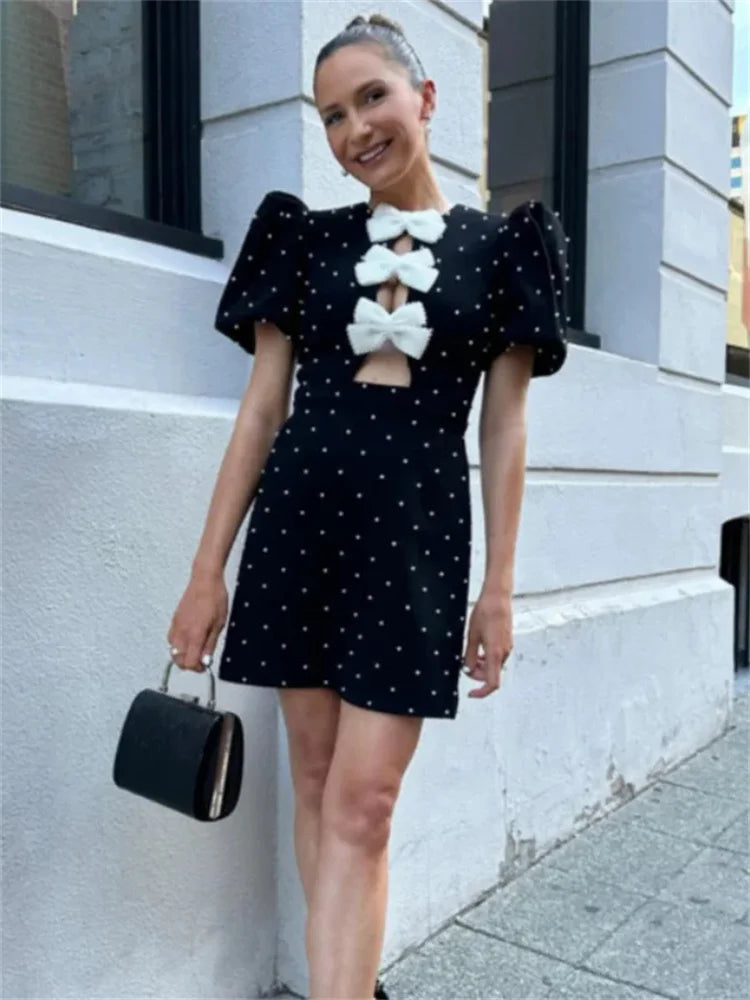 Vestido mini con lazo de moda para mujer, vestido de fiesta elegante de manga corta con retazos calados y diseño de lazo, vestido de calle para mujer