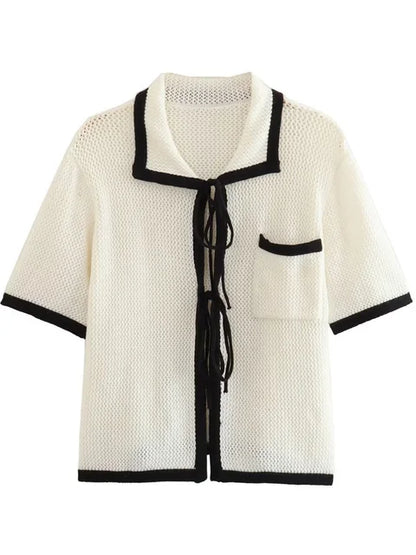 Conjunto de dos piezas de punto en contraste para mujer: cárdigan de manga corta con cordones y falda larga, prendas de punto de cintura alta.