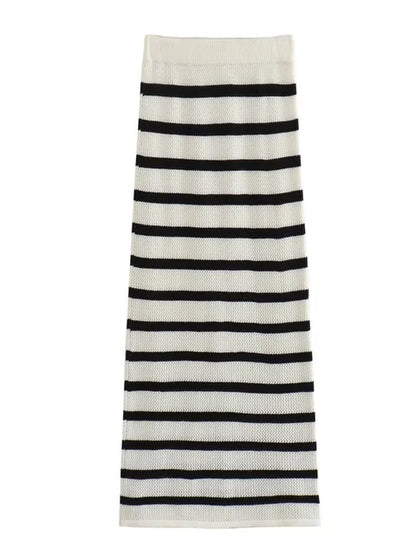 Conjunto de dos piezas de punto en contraste para mujer: cárdigan de manga corta con cordones y falda larga, prendas de punto de cintura alta.