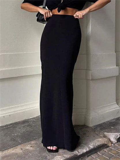 Falda larga negra de cintura alta para mujer - Verano 2025 - Vestido elegante, ajustado y sin costuras
